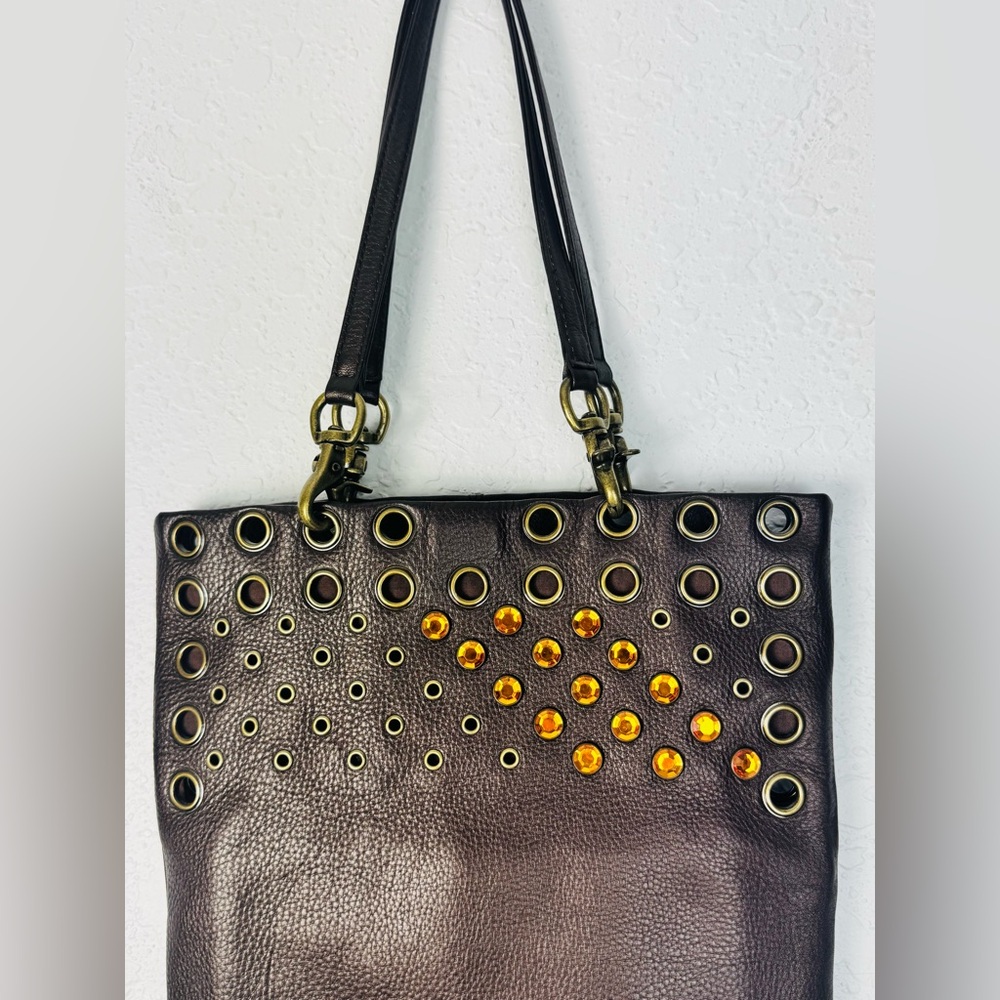 Hobo Brown Leather Shoulder Bag Embellished Citrine Yellow Gem Stones Clean EUC - Picture 3 of 11